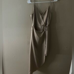Tan BCBG satin wrap dress